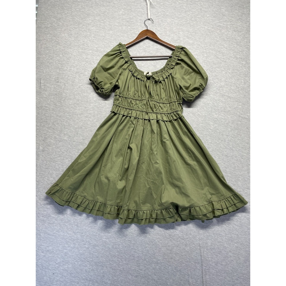 Just Found Mini Dress Women's XL Olive Green Puff Sleeve Ruffle Trim Tie Neck